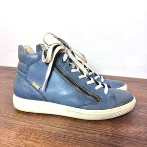 ECCO High Top Sneakers Womens Size 38 EU 7.5 US Blue Leather Lace Up Side Zip